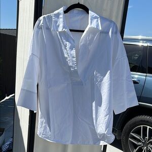 Akris White Oversized 3/4 Sleeve Bib Collar Shirt